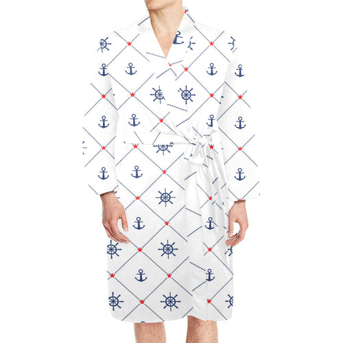 Anchor rudder nautical design pattern Men's Long Sleeve Belted Night Robe
