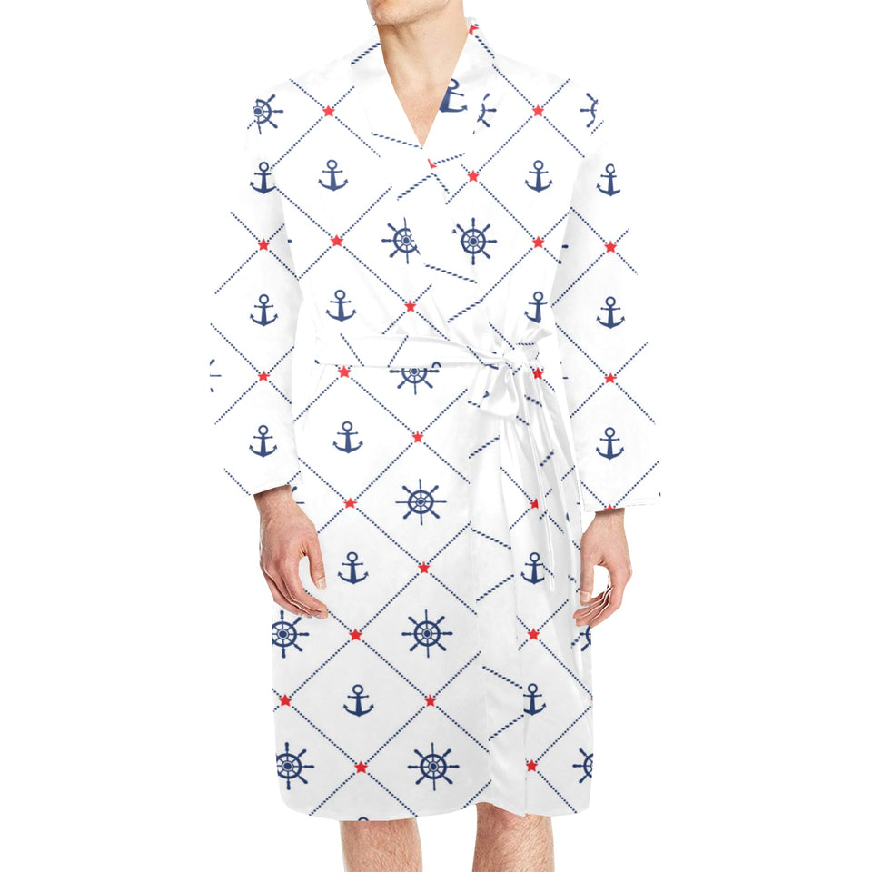 Anchor rudder nautical design pattern Men's Long Sleeve Belted Night Robe