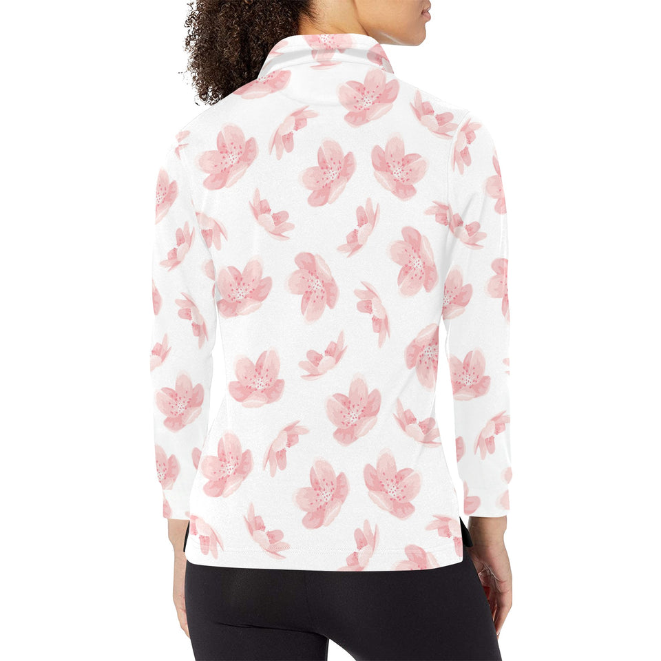 Pink sakura cherry blossom pattern Women's Long Sleeve Polo Shirt