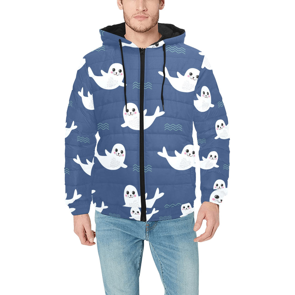 Cute white baby sea lion seal pattern Men's Padded Hooded Jacket