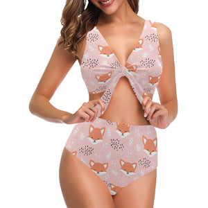 Cute fox pattern pink background Chest Bowknot High Waisted Bikini Swimsuit