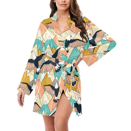 Eagle Pattern Print Design 02 Women's Long Sleeve Belted Night Robe