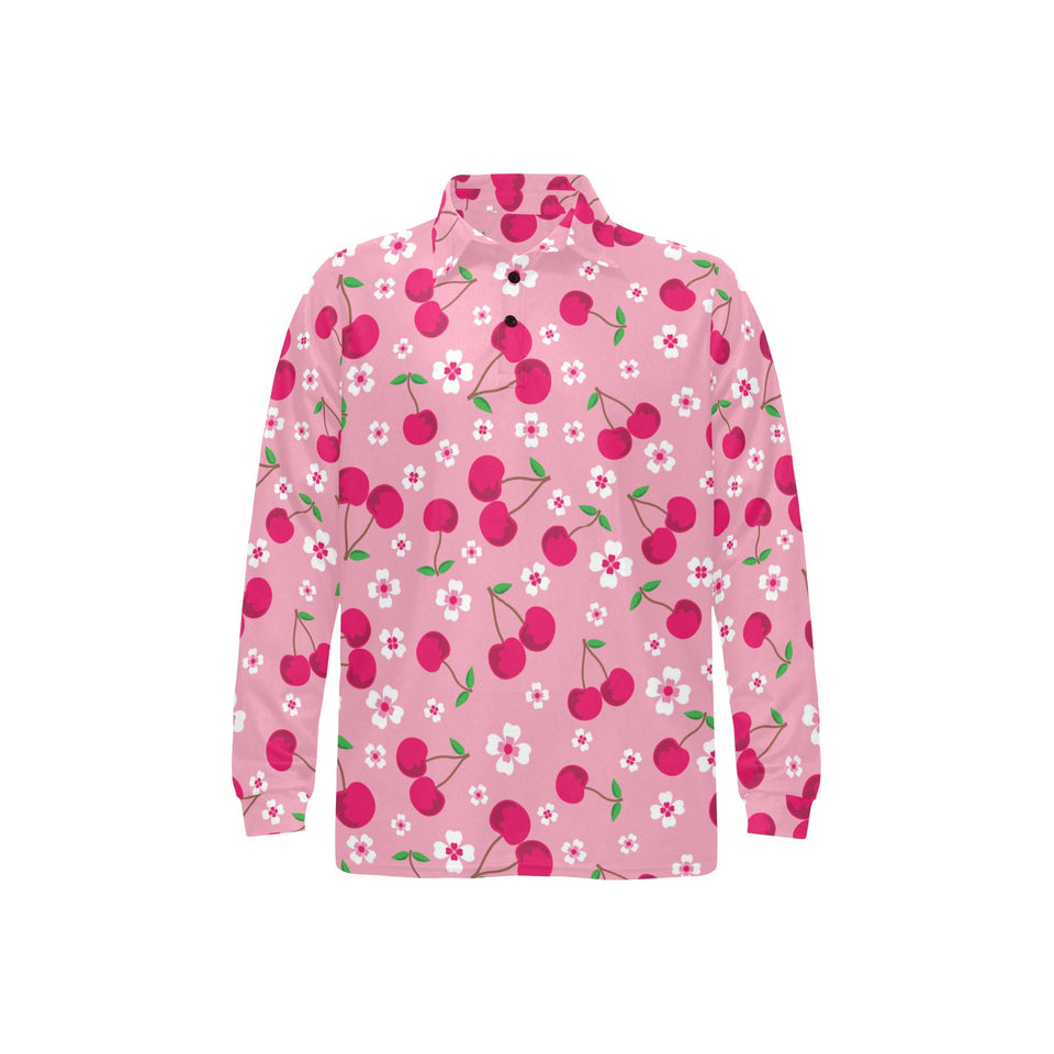 cherry flower pattern pink background Men's Long Sleeve Polo Shirt