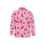 cherry flower pattern pink background Men's Long Sleeve Polo Shirt