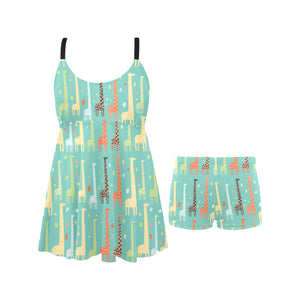 Giraffe Pattern Print Design 01 Chest Sexy Pleated Two Piece Swim Dress