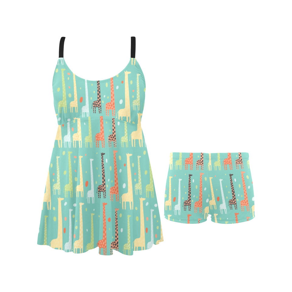Giraffe Pattern Print Design 01 Chest Sexy Pleated Two Piece Swim Dress