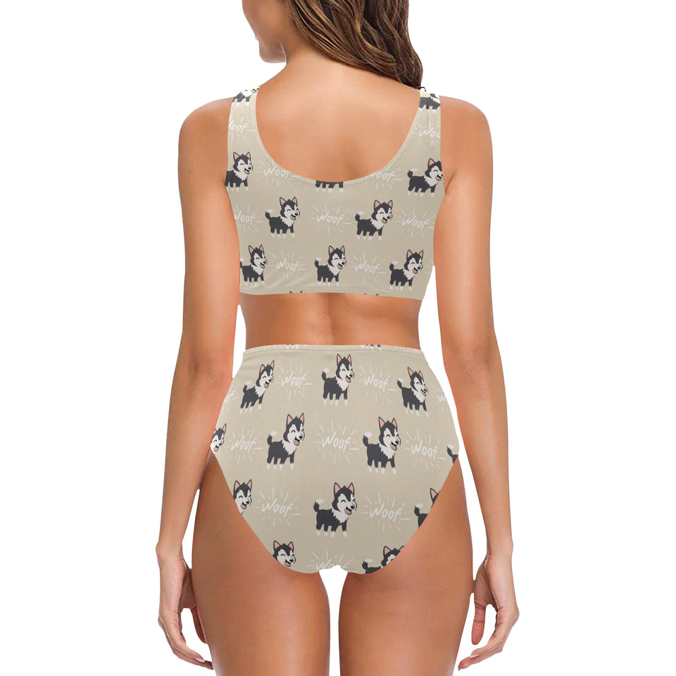 Cute Siberian Husky Chest Bowknot High Waisted Bikini Swimsuit