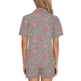 Red gold Sakura cherry blossom gray background Women's V-Neck Short Pajama Set