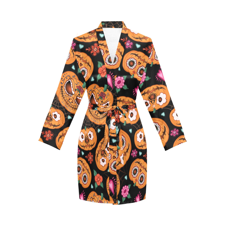Pumpkin flowers spiderweb Halloween theme Women's Long Sleeve Belted Night Robe