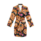 Pumpkin flowers spiderweb Halloween theme Women's Long Sleeve Belted Night Robe