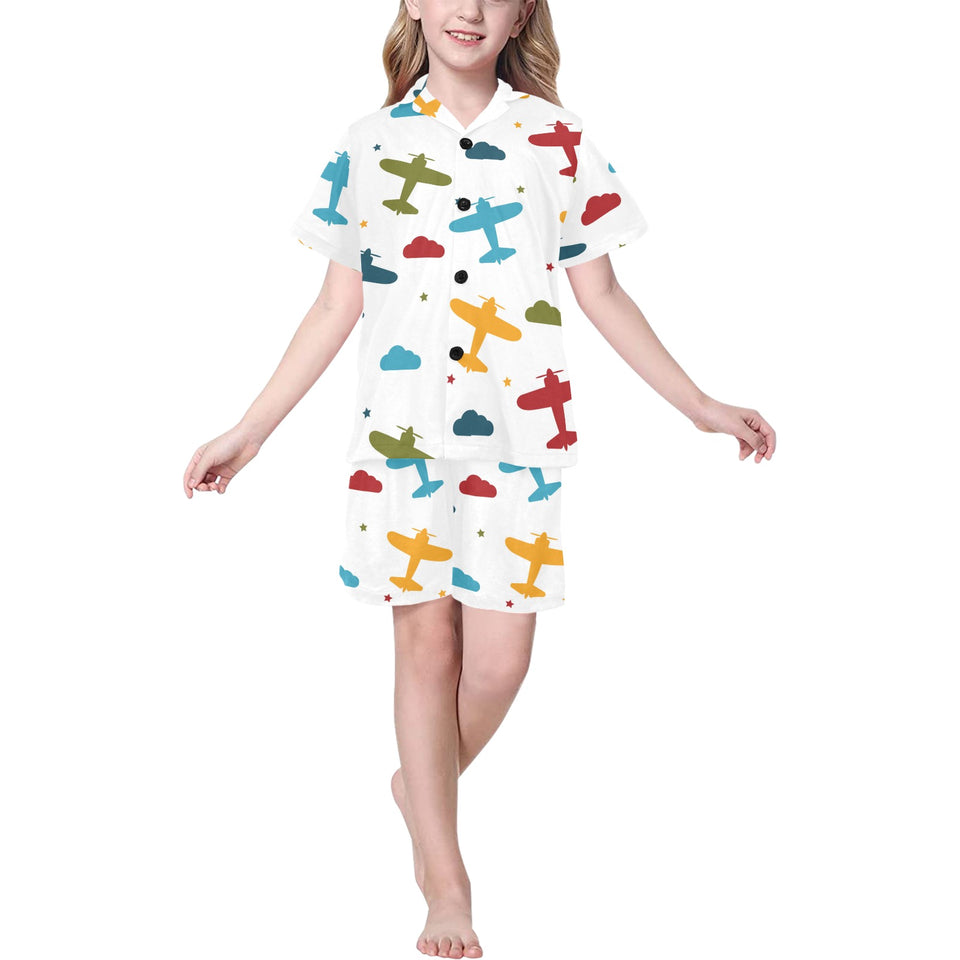 Airplane star cloud colorful Kids' Boys' Girls' V-Neck Short Pajama Set