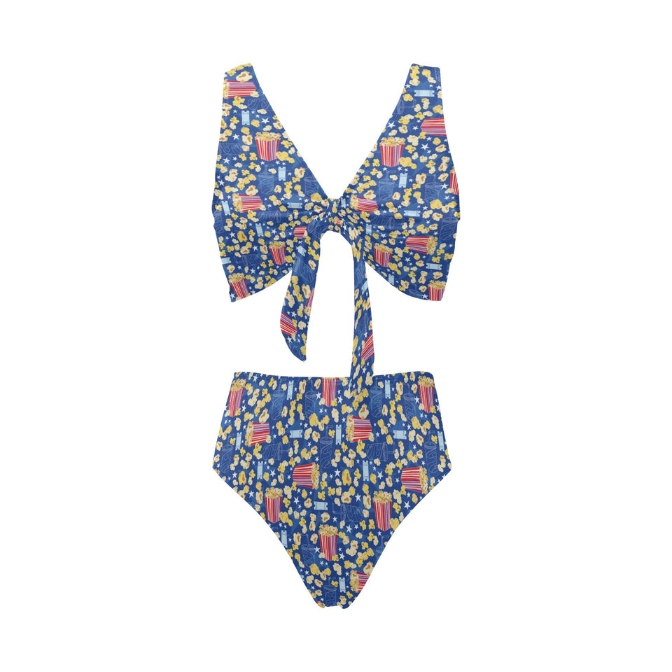 Popcorn Pattern Print Design 01 Chest Bowknot High Waisted Bikini Swimsuit