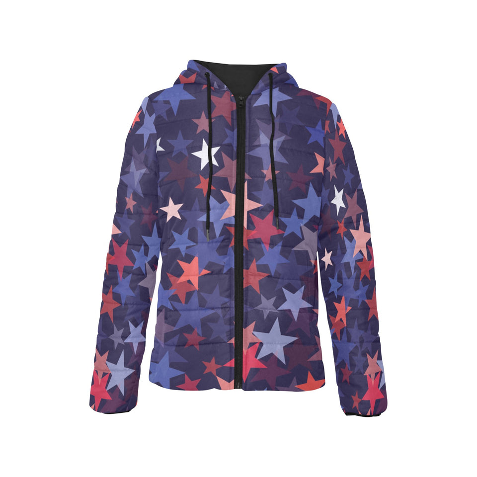 Red blue star pattern Women's Padded Hooded Jacket