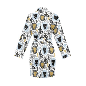 Lion Pattern Print Design 05 Women's Long Sleeve Belted Night Robe