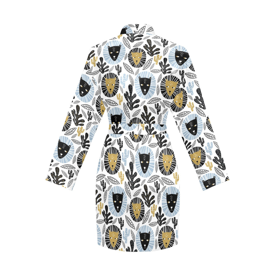 Lion Pattern Print Design 05 Women's Long Sleeve Belted Night Robe