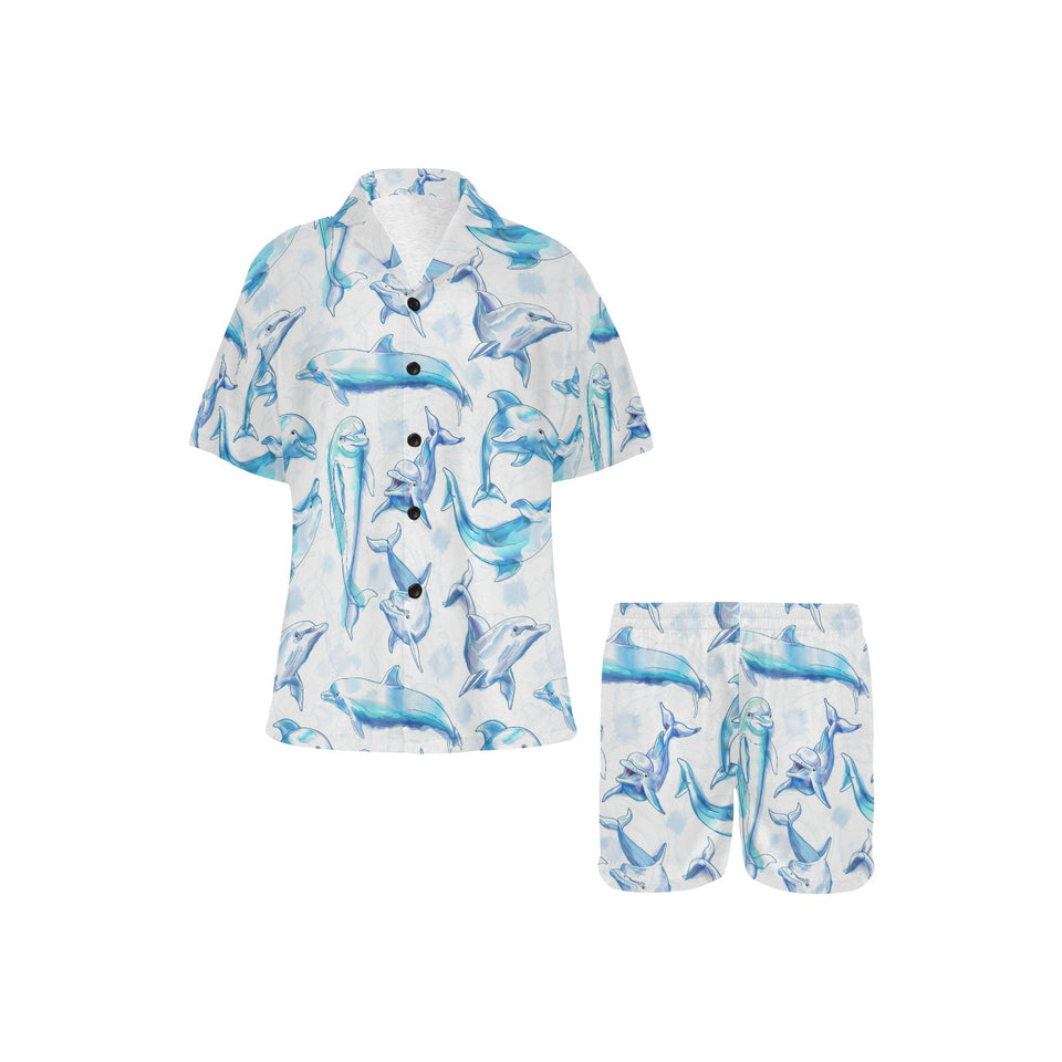Watercolor dolphin pattern Women's V-Neck Short Pajama Set