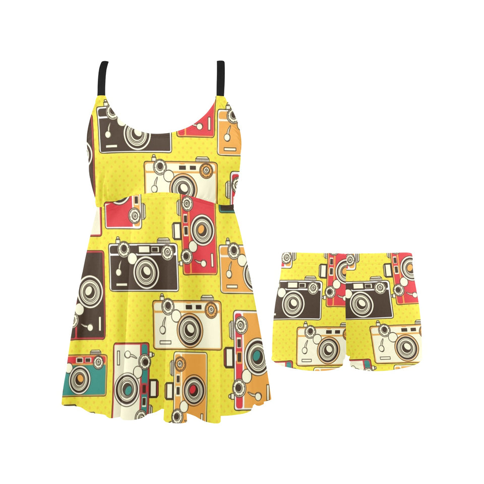 Camera Pattern Print Design 02 Chest Sexy Pleated Two Piece Swim Dress