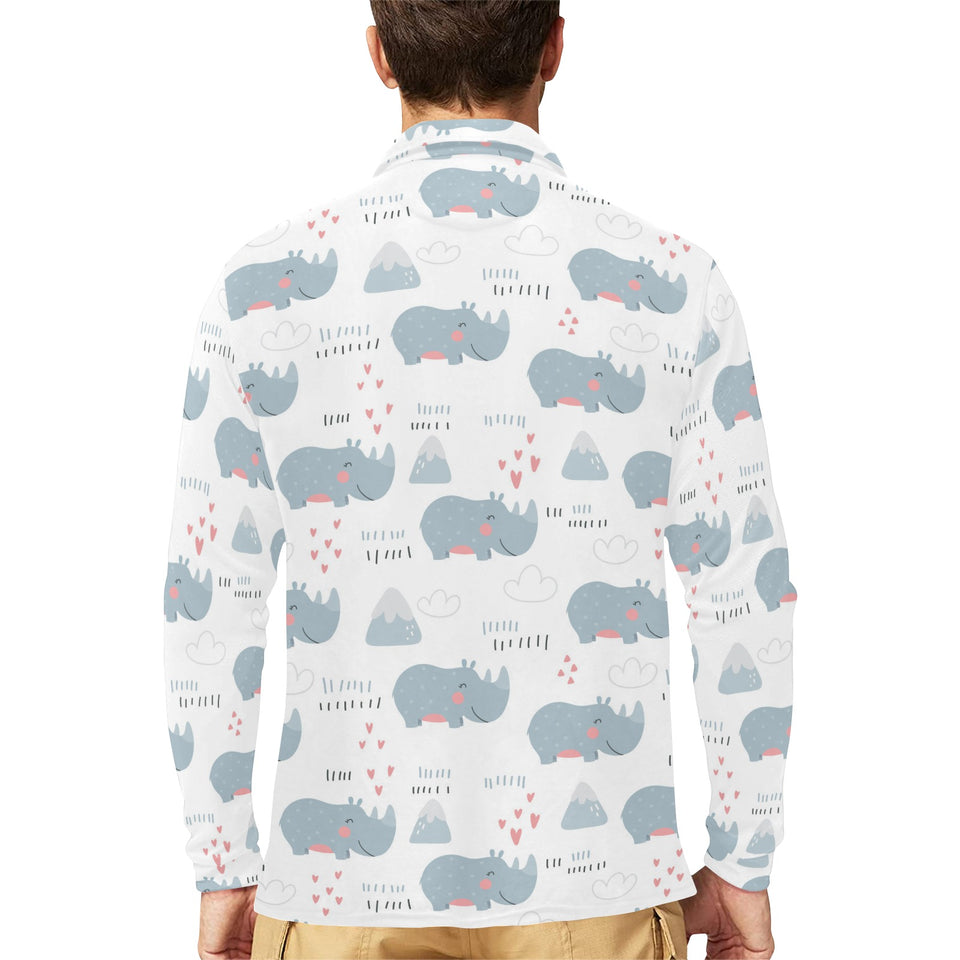 cute rhino heart pattern Men's Long Sleeve Polo Shirt