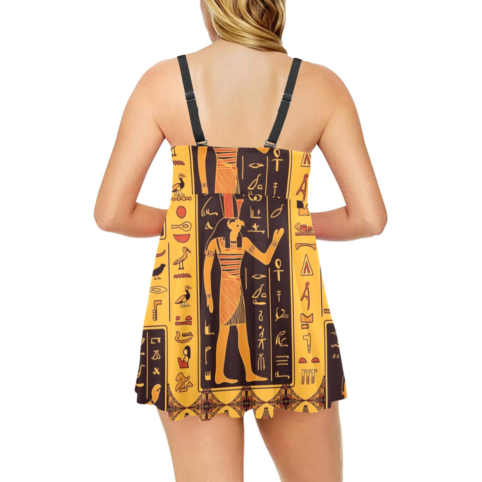 Egypt Hieroglyphics Pattern Print Design 05 Chest Sexy Pleated Two Piece Swim Dress