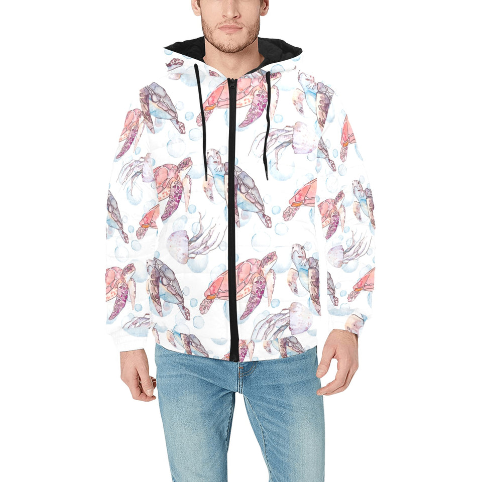 Watercolor sea turtle jellyfish pattern Men's Padded Hooded Jacket