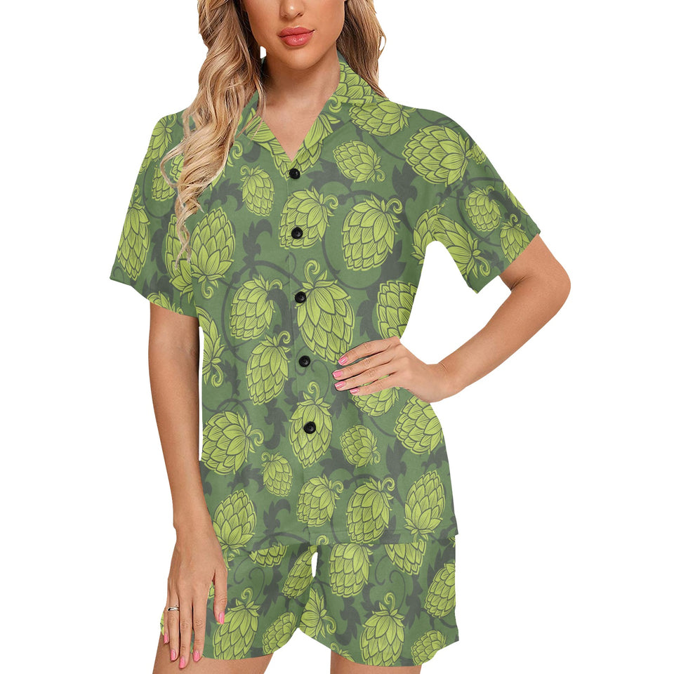 Hop pattern Hop cone background Women's V-Neck Short Pajama Set