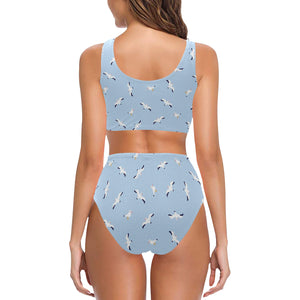 Seagull Pattern Print Design 02 Chest Bowknot High Waisted Bikini Swimsuit