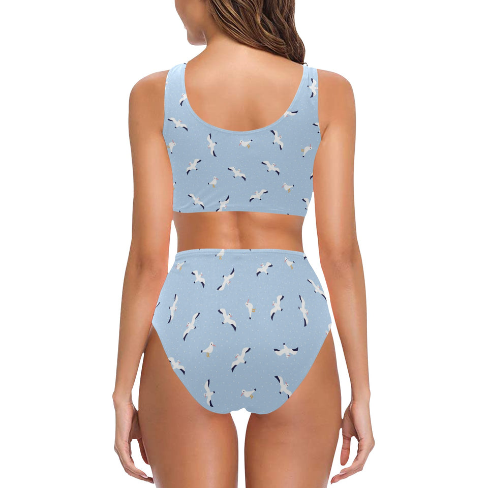 Seagull Pattern Print Design 02 Chest Bowknot High Waisted Bikini Swimsuit