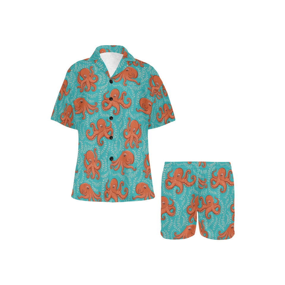 Octopus turquoise background Women's V-Neck Short Pajama Set