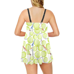 Tennis Pattern Print Design 01 Chest Sexy Pleated Two Piece Swim Dress