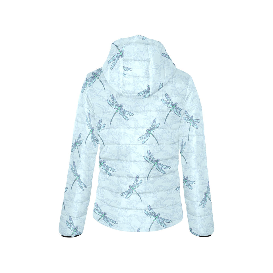 Dragonfly pattern blue background Women's Padded Hooded Jacket