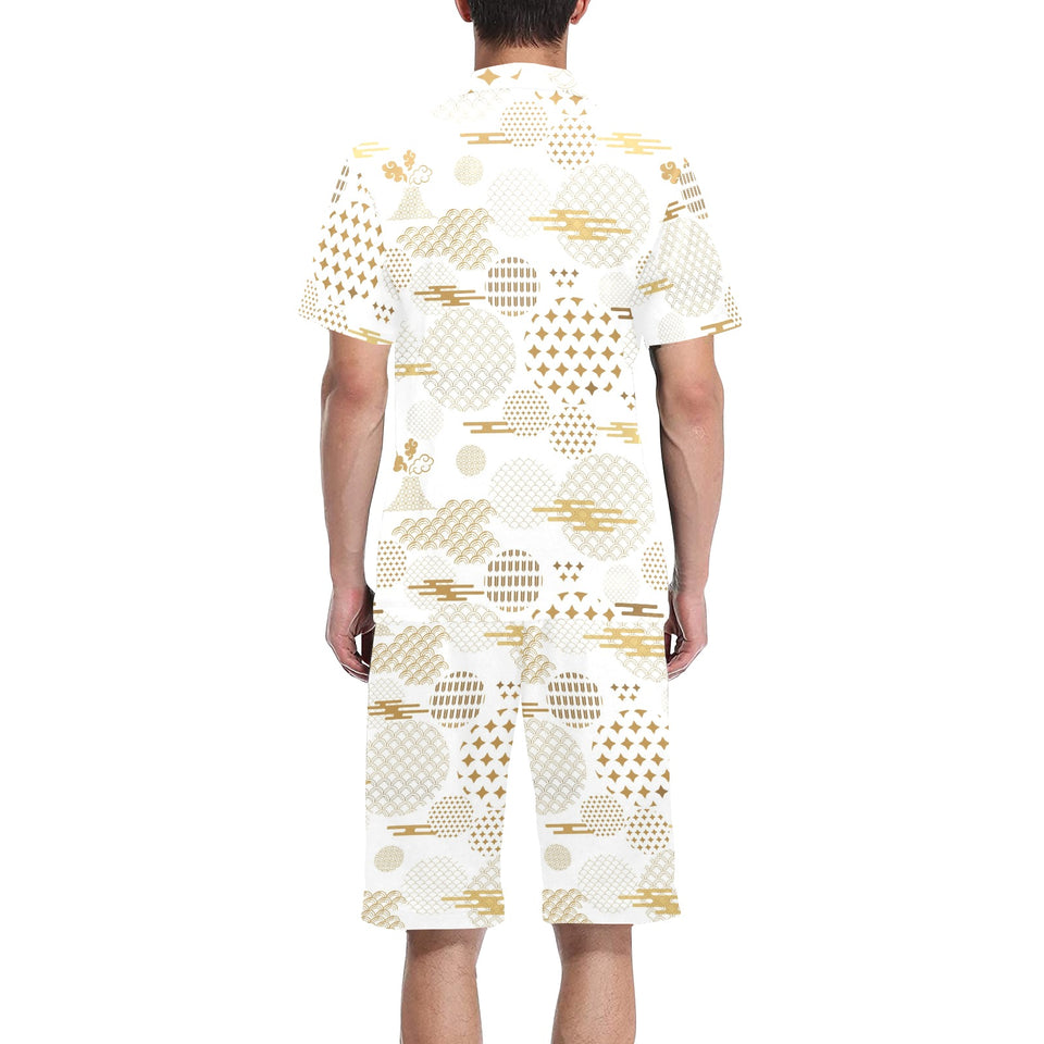 Beautiful gold japanese pattern Men's V-Neck Short Pajama Set