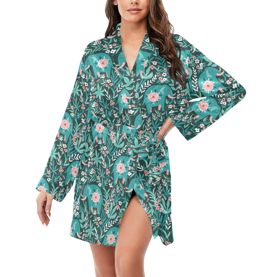 Elephants jungle pattern Women's Long Sleeve Belted Night Robe