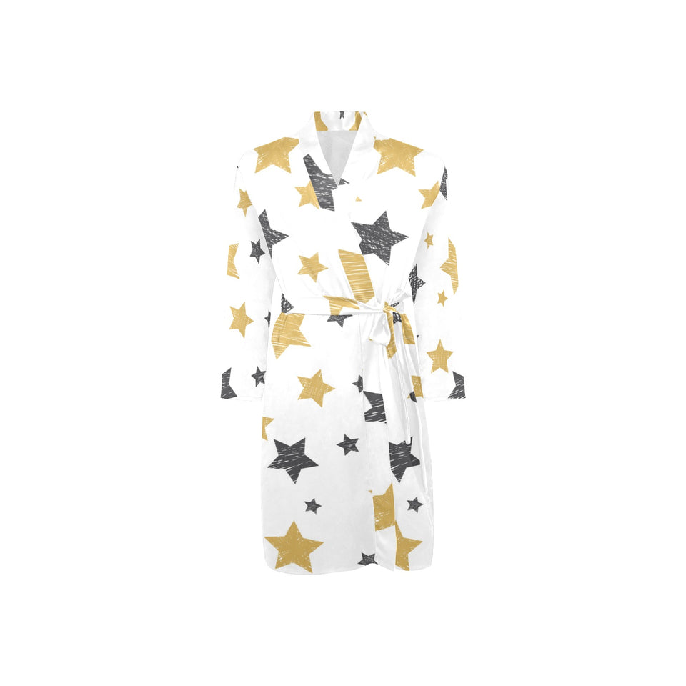 hand drawn gold black star pattern Men's Long Sleeve Belted Night Robe