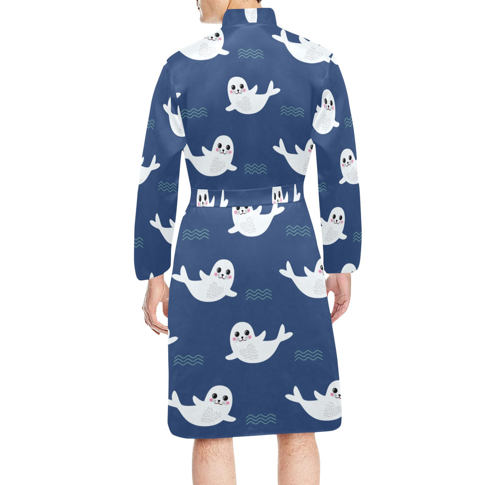 Cute white baby sea lion seal pattern Men's Long Sleeve Belted Night Robe