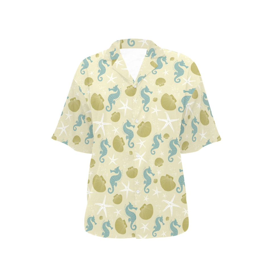 Seahorse shell starfish pattern background Women's All Over Print Hawaiian Shirt