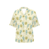 Seahorse shell starfish pattern background Women's All Over Print Hawaiian Shirt