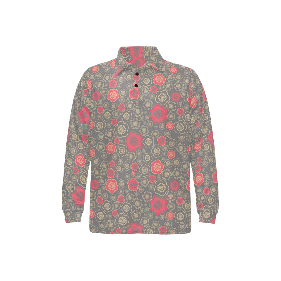 Red gold Sakura cherry blossom gray background Men's Long Sleeve Polo Shirt