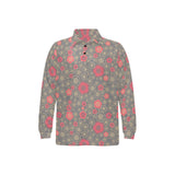 Red gold Sakura cherry blossom gray background Men's Long Sleeve Polo Shirt