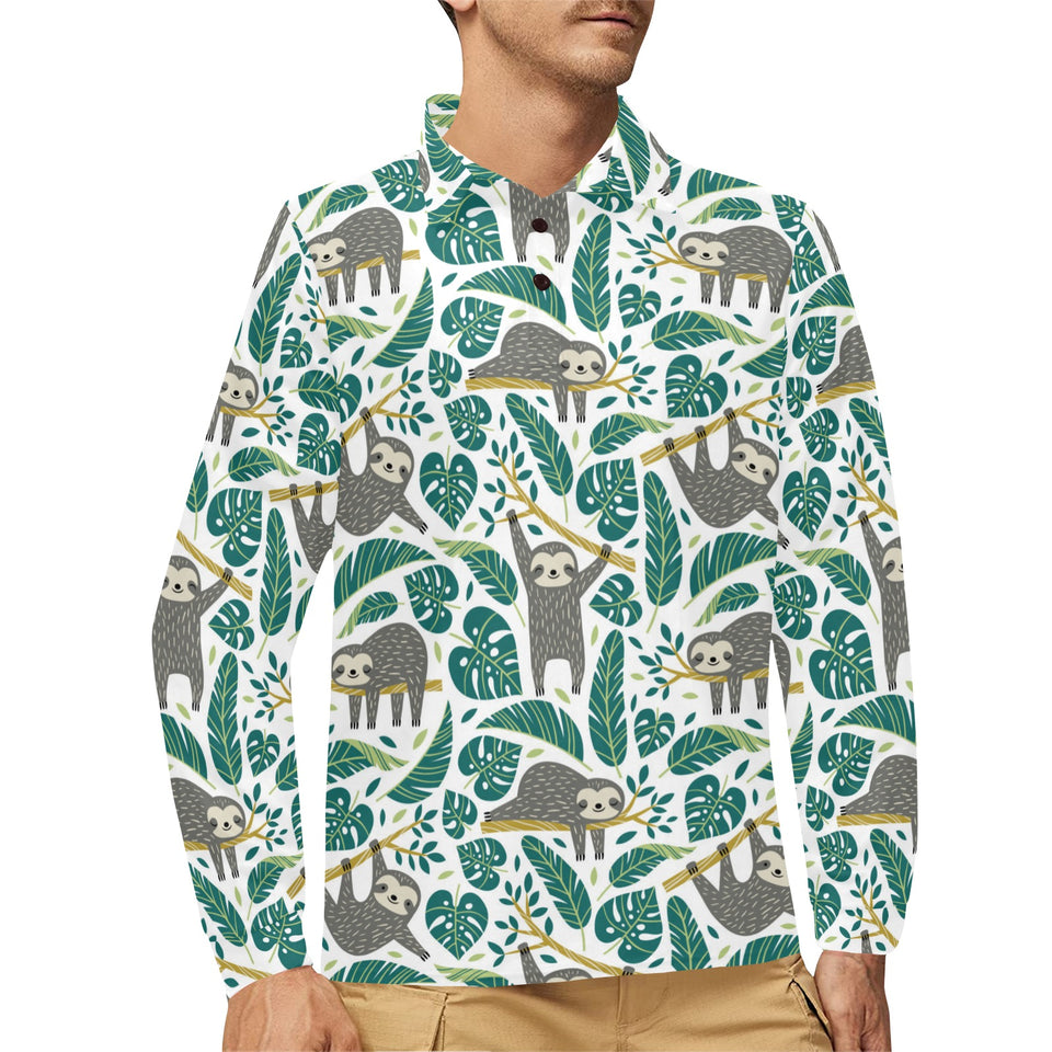 Cute sloths tropical palm leaves white background Men's Long Sleeve Polo Shirt