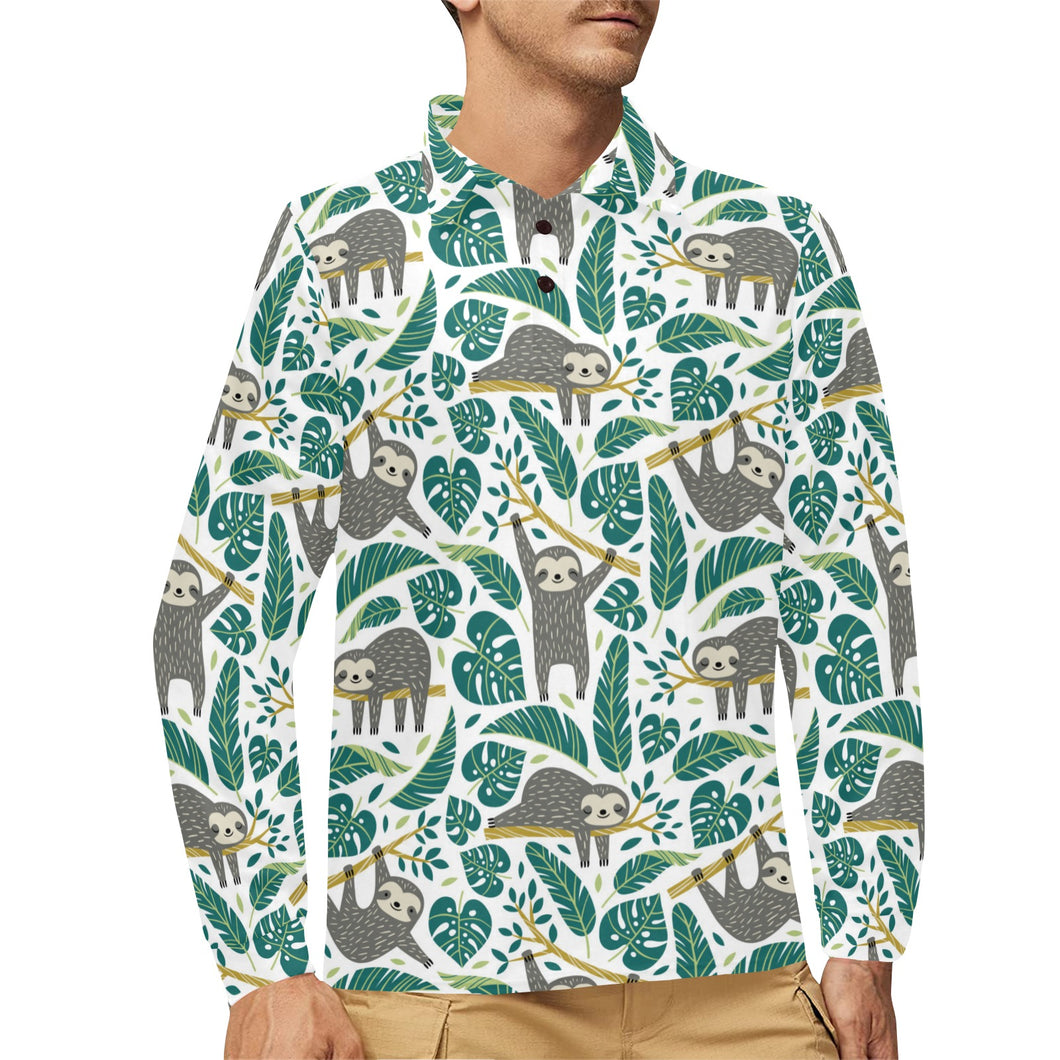 Cute sloths tropical palm leaves white background Men's Long Sleeve Polo Shirt