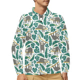 Cute sloths tropical palm leaves white background Men's Long Sleeve Polo Shirt