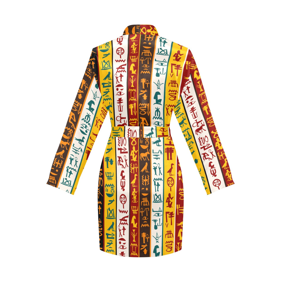 Egypt Hieroglyphics Pattern Print Design 01 Women's Long Sleeve Belted Night Robe