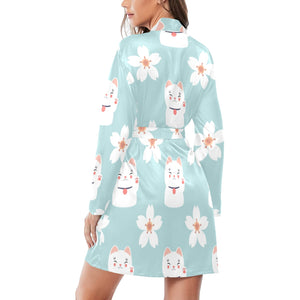 Maneki neko cat sakura Women's Long Sleeve Belted Night Robe