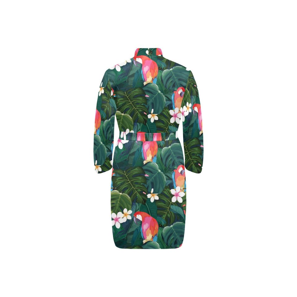 Parrot Palm tree leaves flower hibiscus pattern Men's Long Sleeve Belted Night Robe