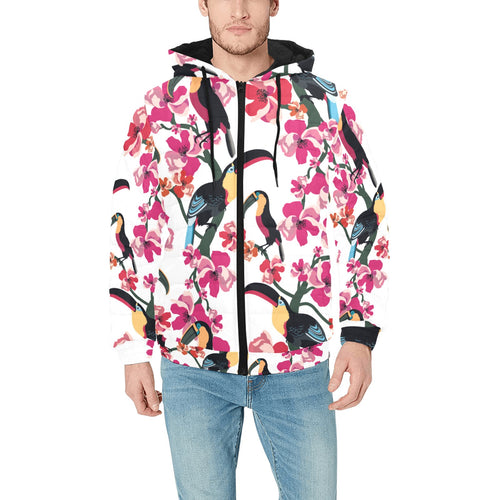 Toucan flower design pattern Men's Padded Hooded Jacket