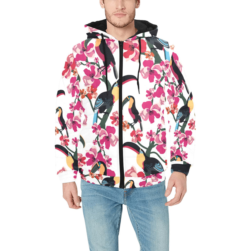Toucan flower design pattern Men's Padded Hooded Jacket