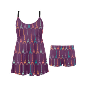 Eiffel Tower Pattern Print Design 05 Chest Sexy Pleated Two Piece Swim Dress