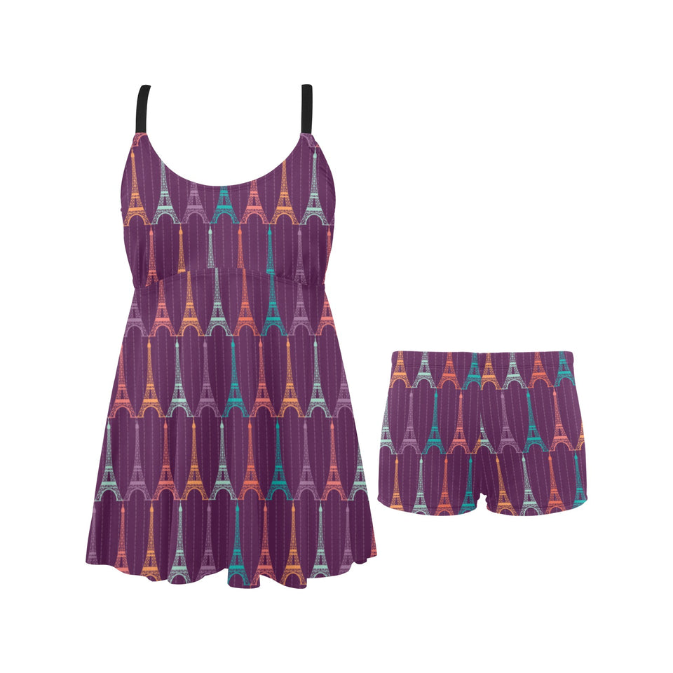 Eiffel Tower Pattern Print Design 05 Chest Sexy Pleated Two Piece Swim Dress