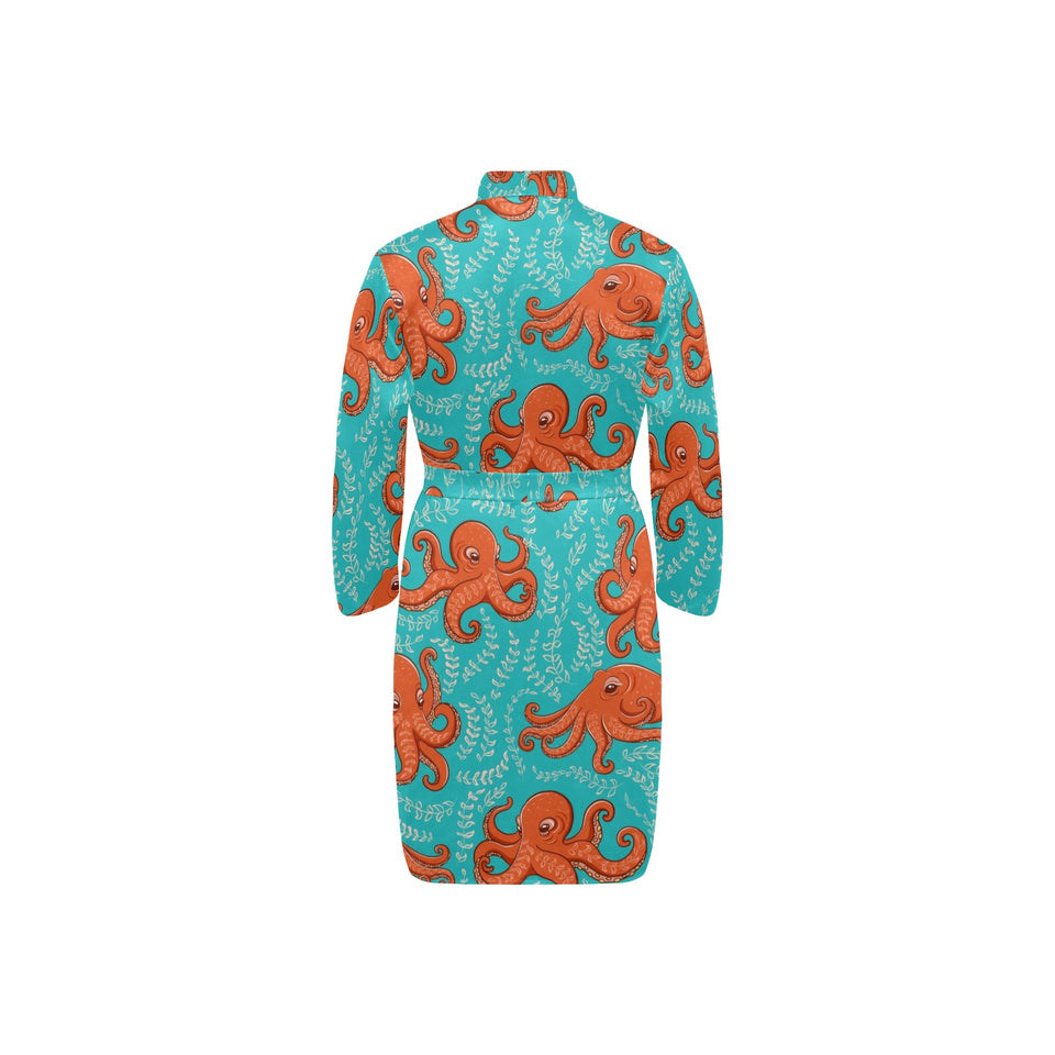Octopus turquoise background Men's Long Sleeve Belted Night Robe