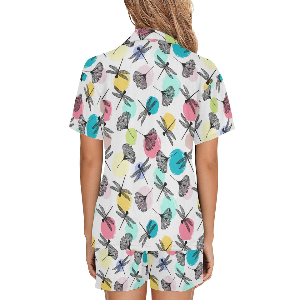 Dragonflies ginkgo leaves pattern Women's V-Neck Short Pajama Set